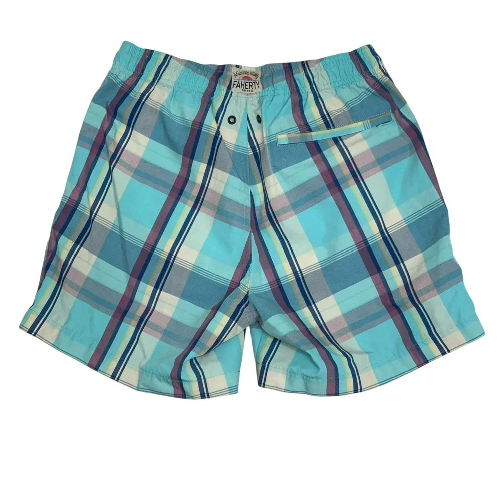 Faherty Swim Shorts Mens Small‎ Blue Plaid Swim Suit Beach Lined Trunks Bottom